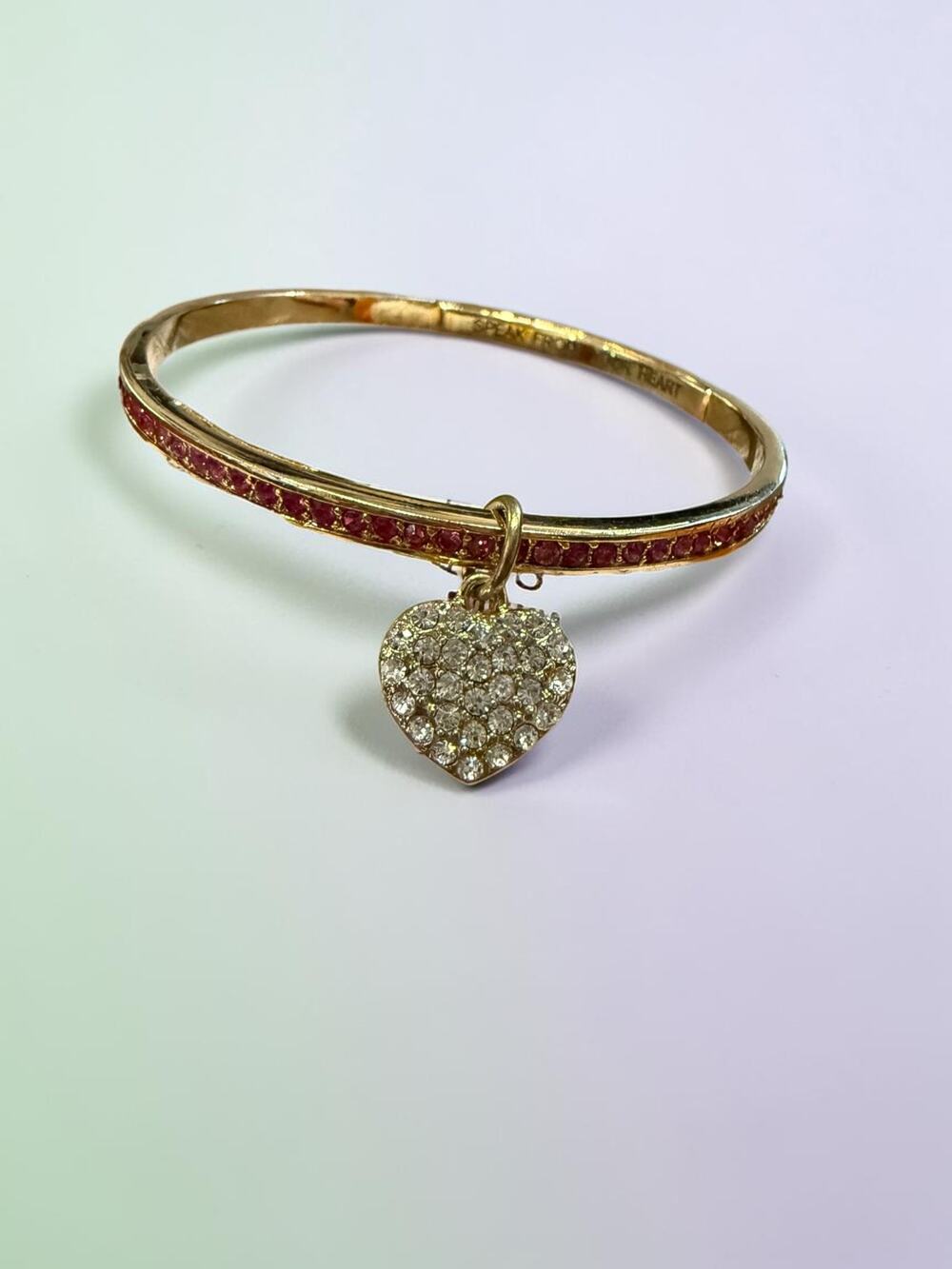 Vintage Ritzy by Les Bernard Pink Rhinestone Heart Charm Bangle Bracelet